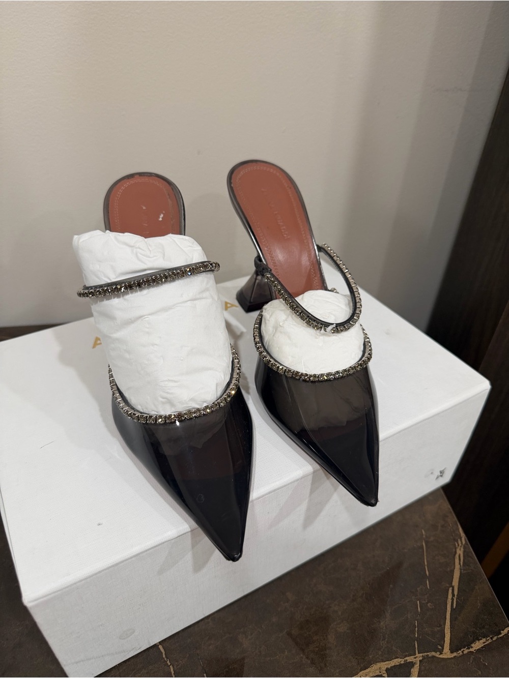 Amina Muaddi Black PVC Crystal-Trim Pointed Toe Mules